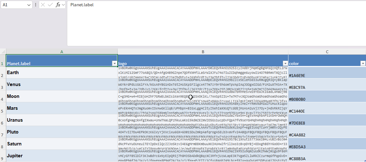 Source lookup table in Excel — Planet.label, logo (base64), and color columns