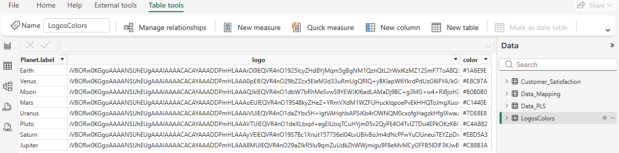 LogosColors table loaded in Power BI — Planet.label, logo, and color columns