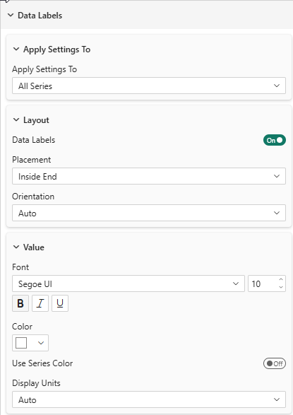 Data Labels panel — layout, value formatting, and per-series settings