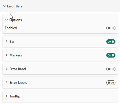 Error Bars panel — Options, Bar, Markers, Error band, Labels, and Tooltip