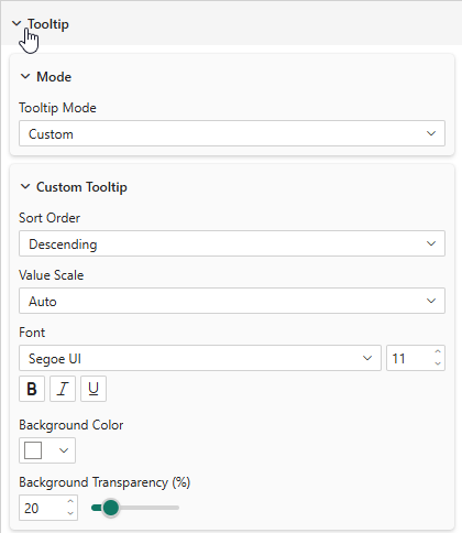 Tooltip settings — Custom mode with sort order and styling options